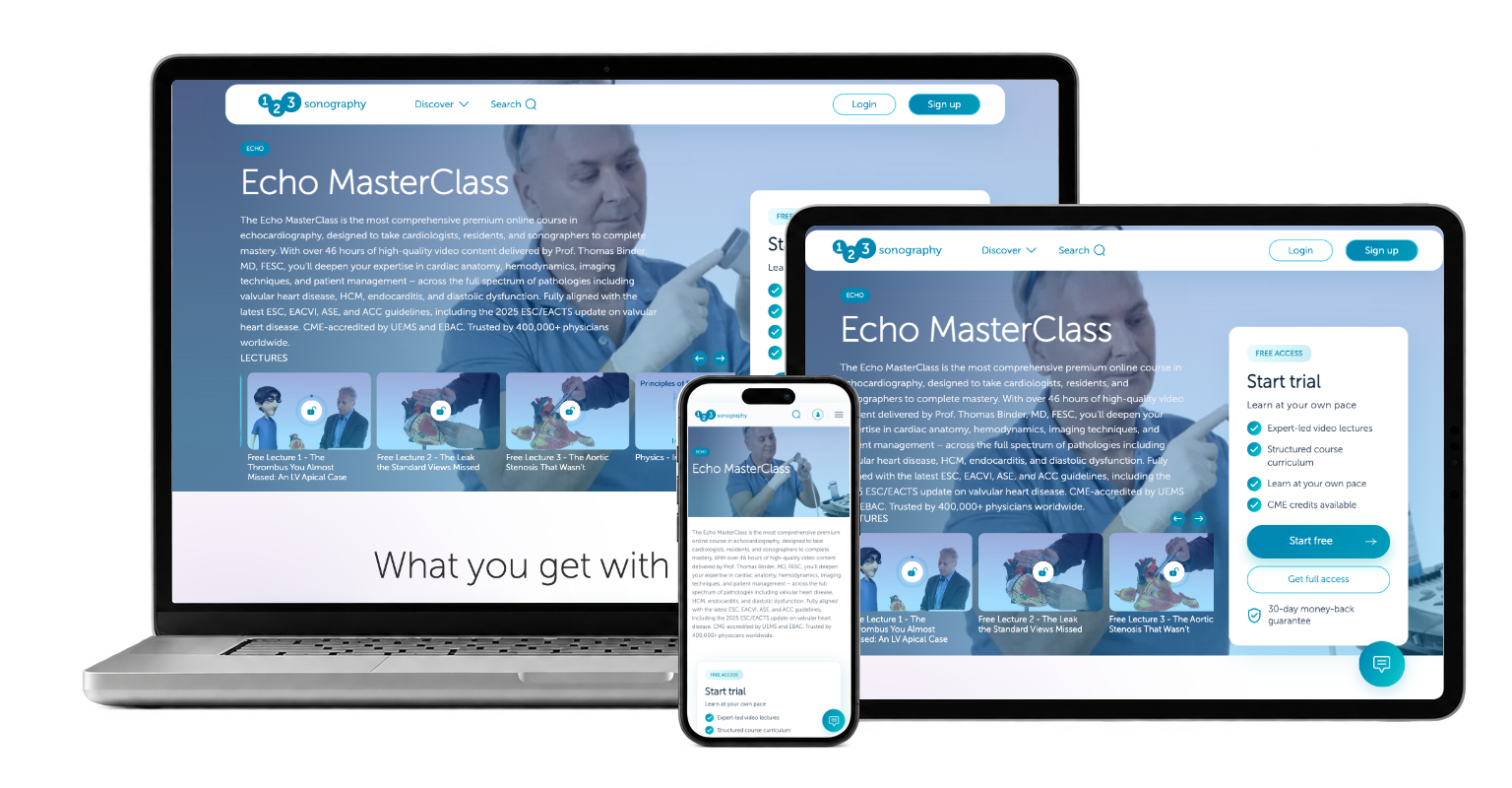 From course discovery to learning access — real 123Sonography desktop, phone and tablet captures