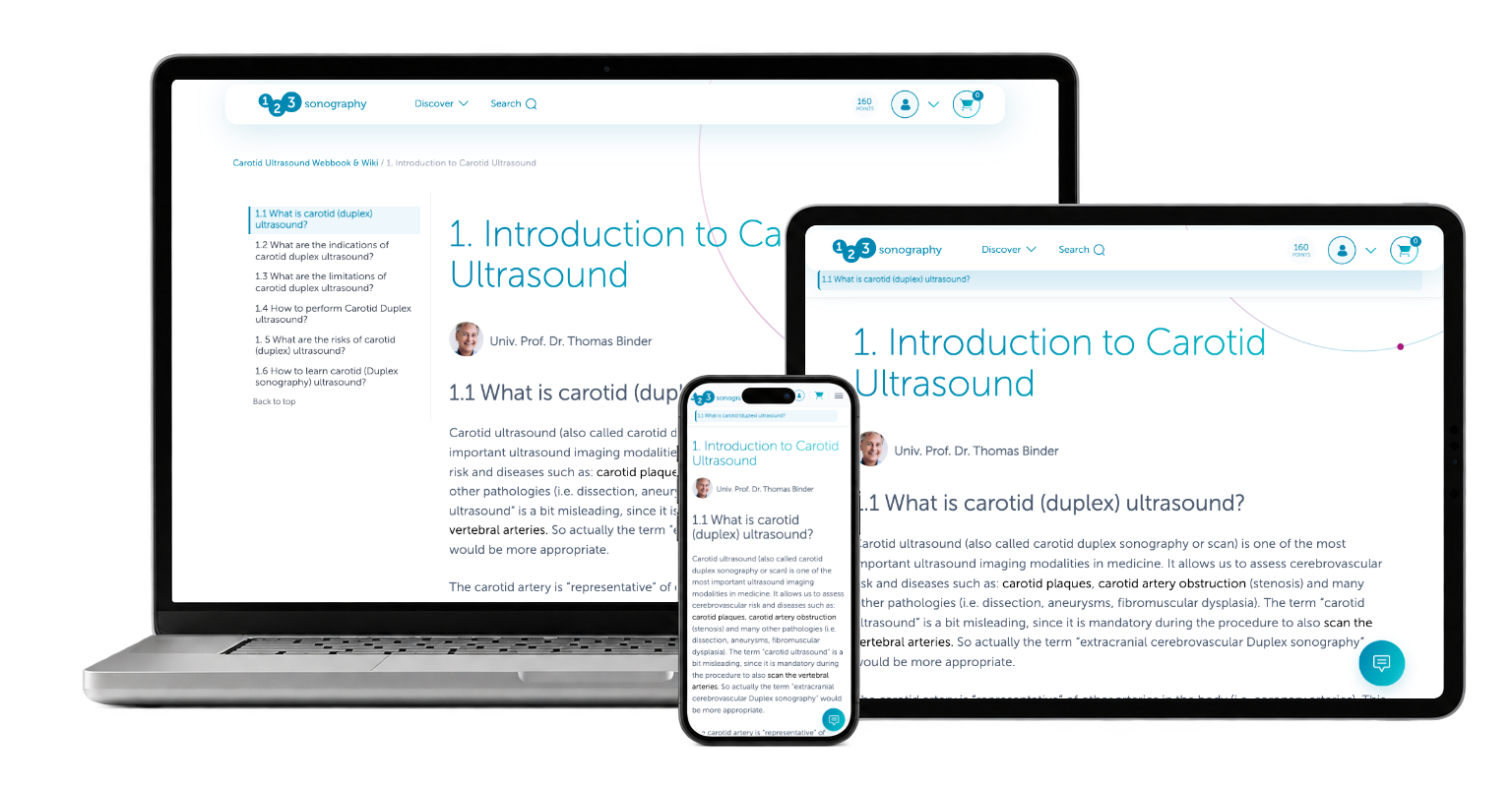 Structured reference material alongside courses — real 123Sonography desktop, phone and tablet captures