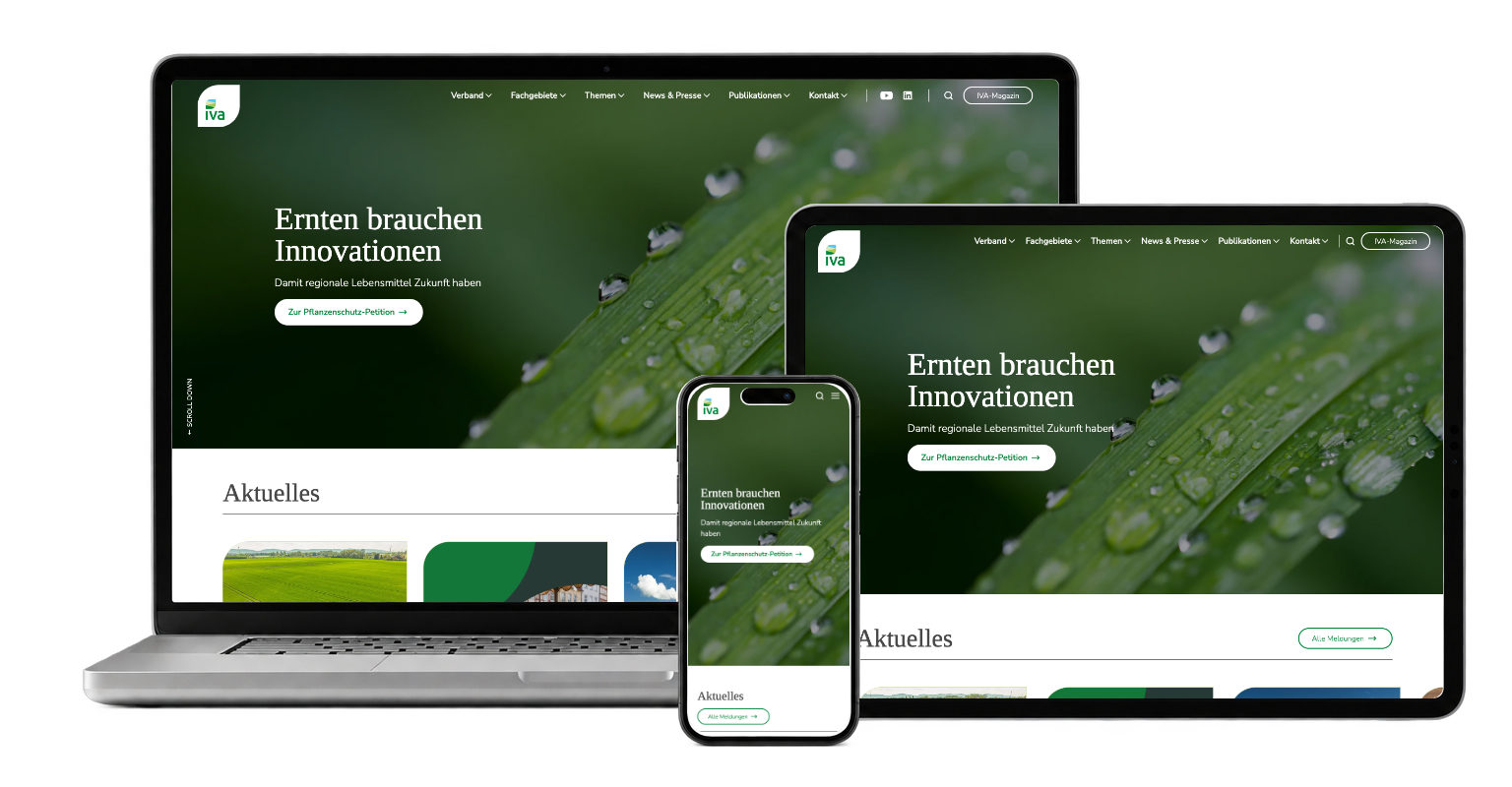 IVA homepage shown on laptop, phone and tablet