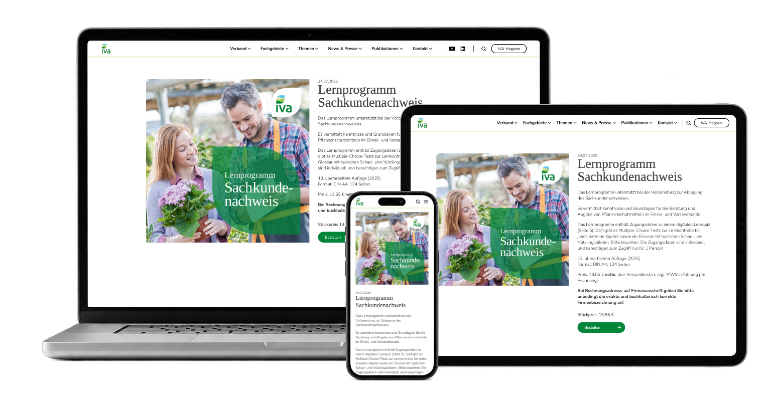 IVA Lernprogramm Sachkundenachweis publication details and ordering button across three devices