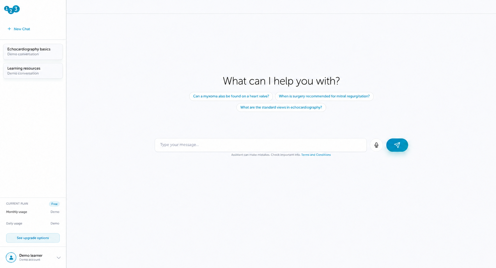 Anonymized SonoAssistant learner workspace with example prompts, input and generic account controls